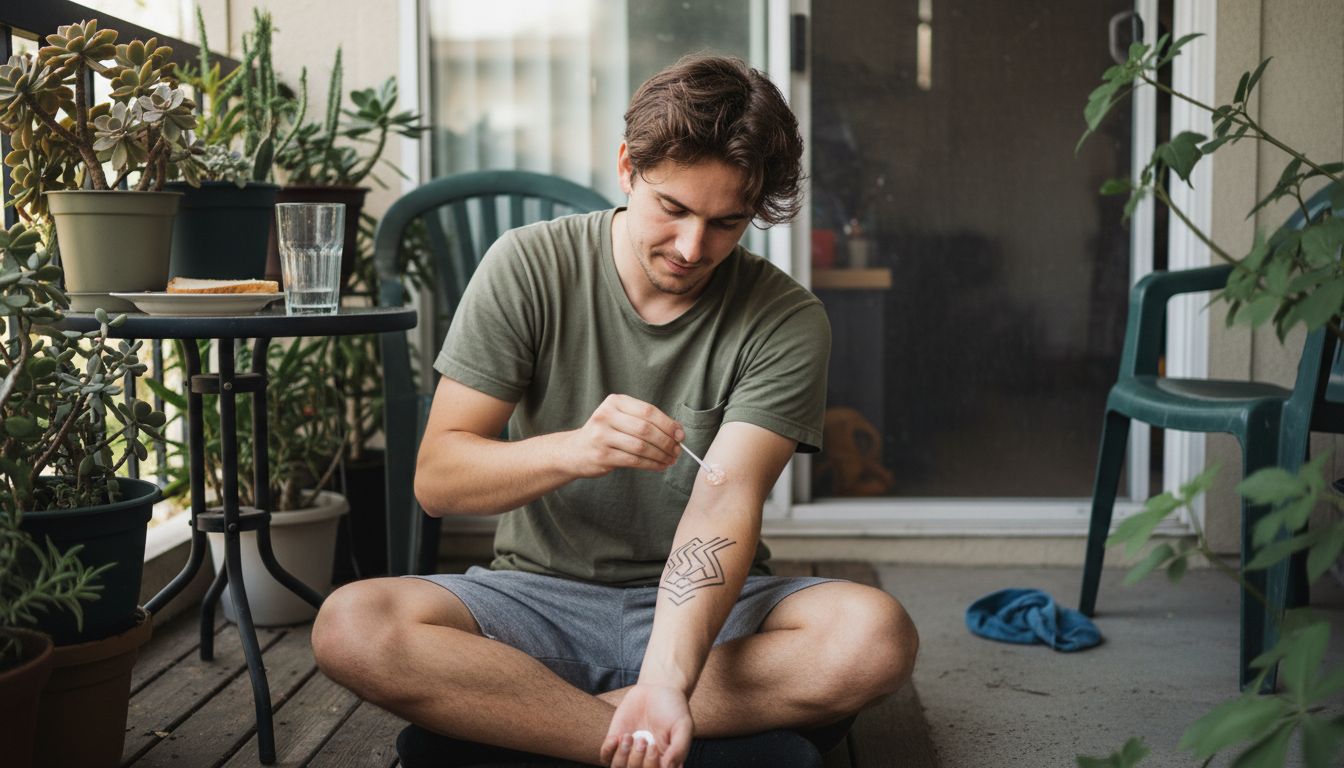 Young man caring for fresh arm tattoo