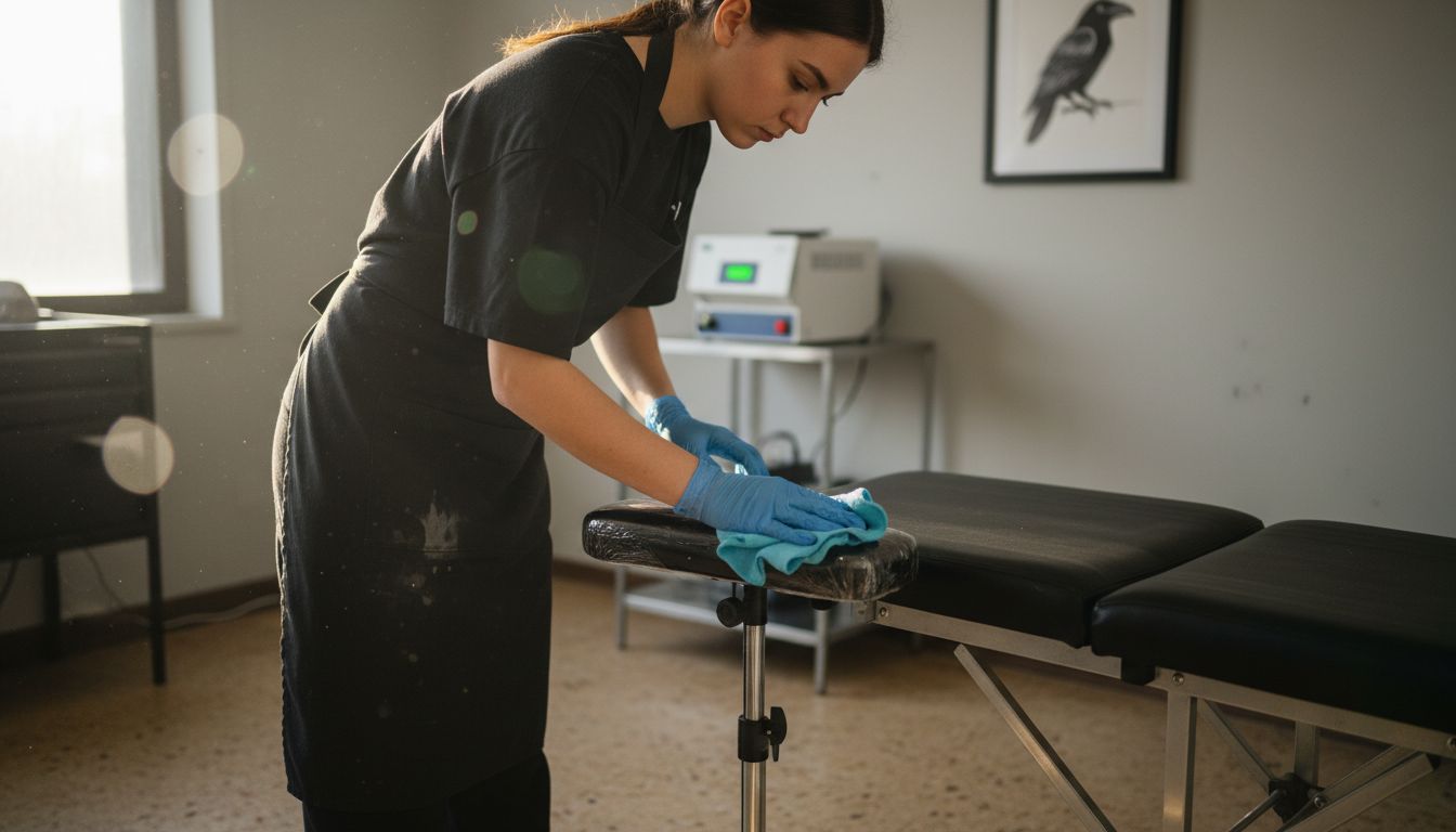 Studio assistant cleaning tattoo chair surface