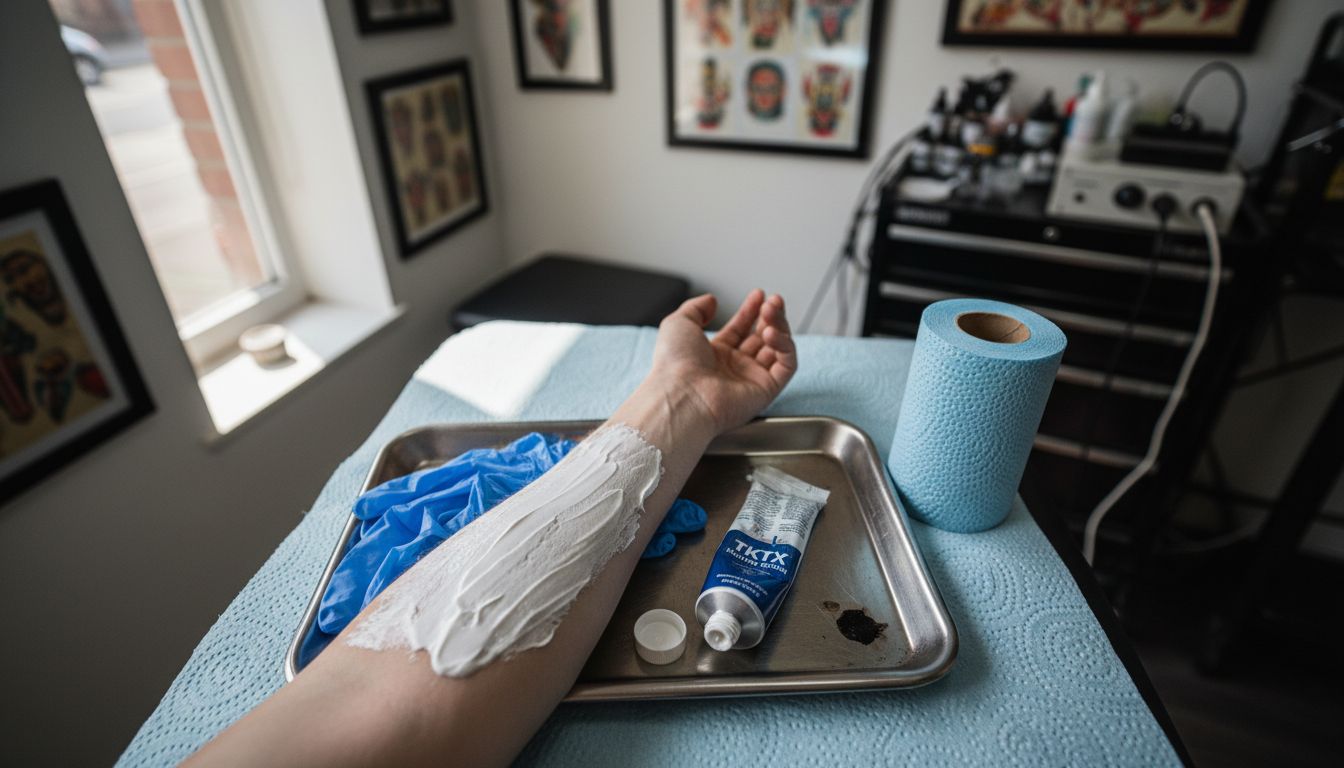 Forearm with numbing cream in tattoo studio