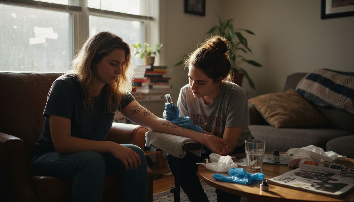 Hand-poked tattoo session in apartment