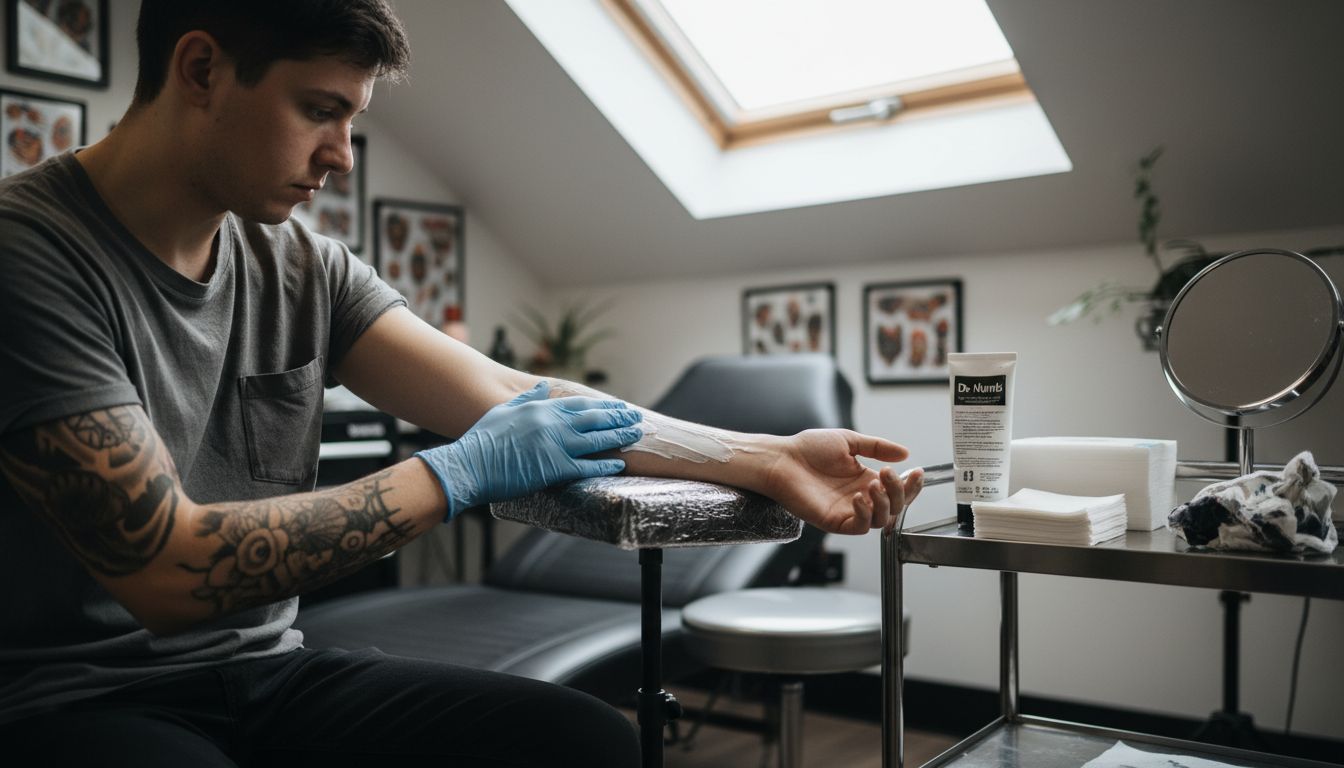Artist applies numbing cream to client