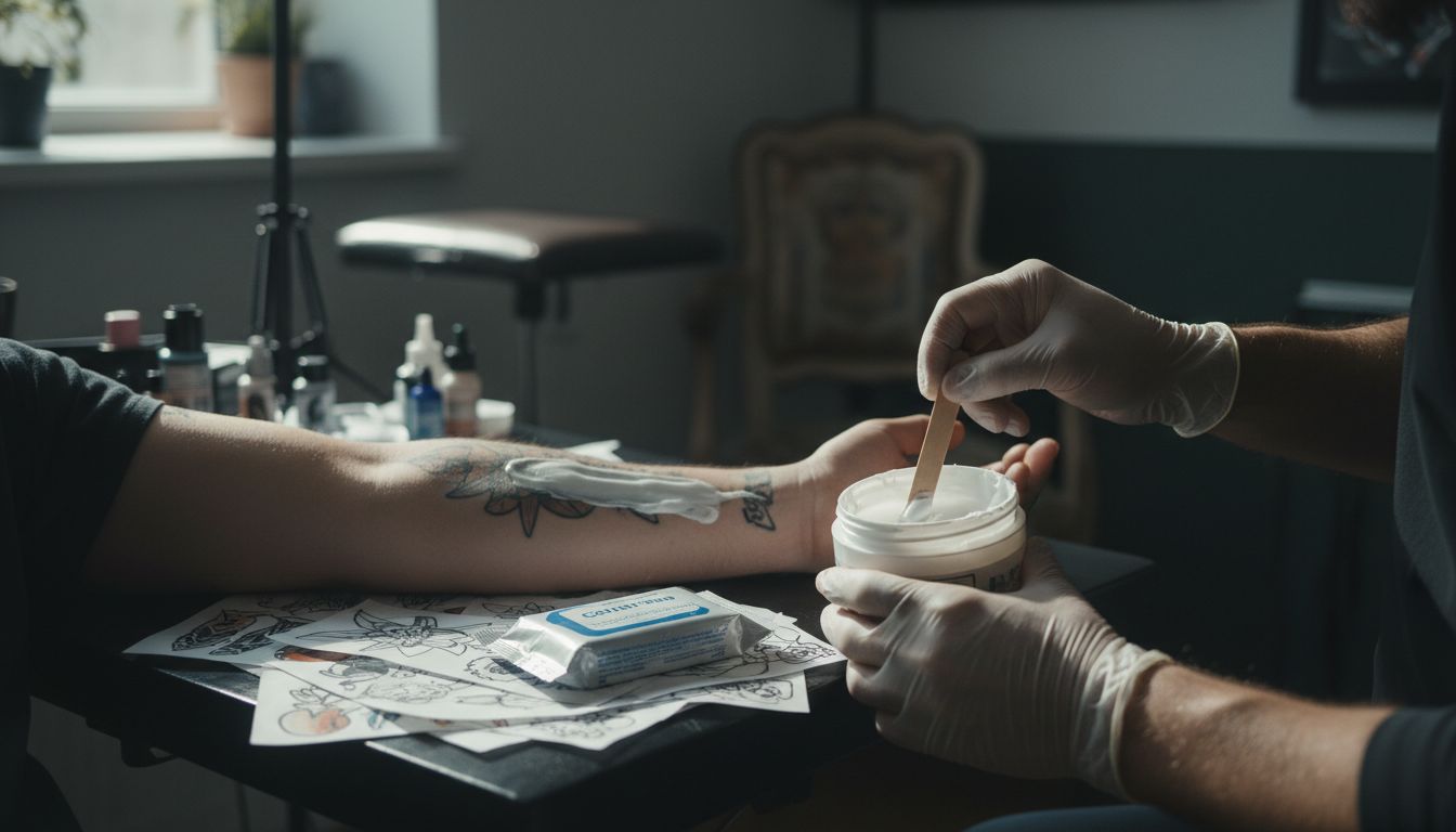 Tattoo artist applying numbing cream on arm