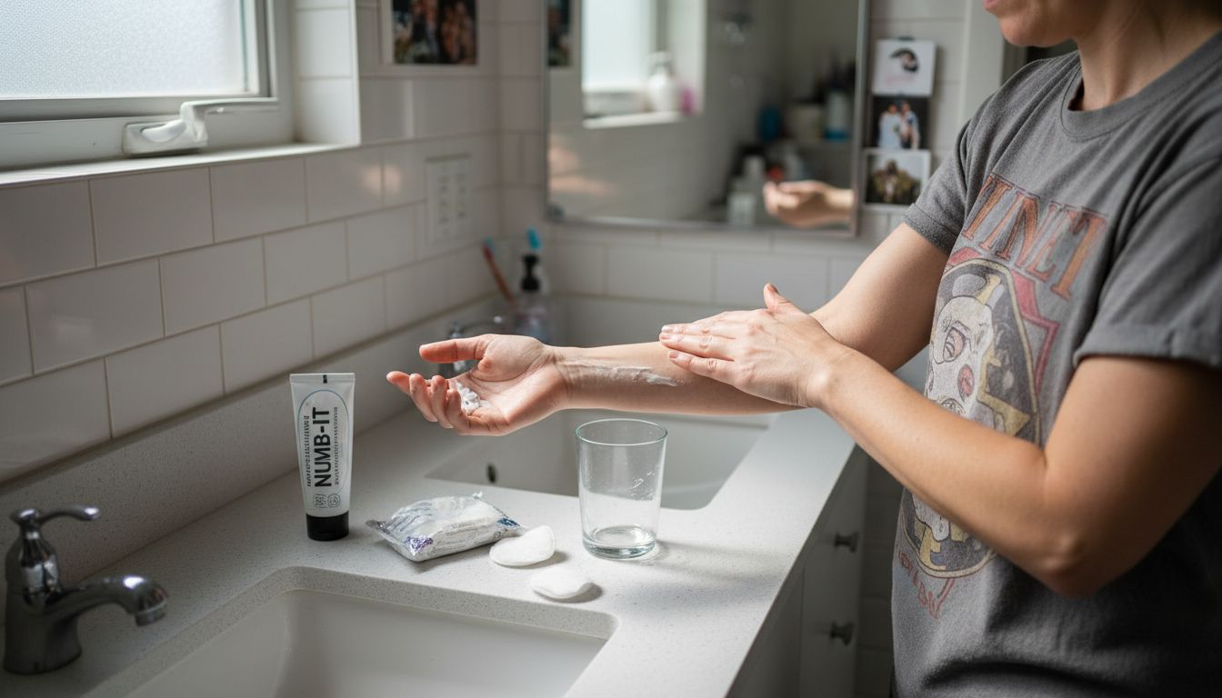 Woman applying anesthetic cream before tattoo
