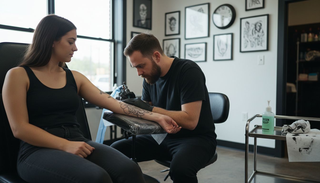 Tattoo artist working on black and gray