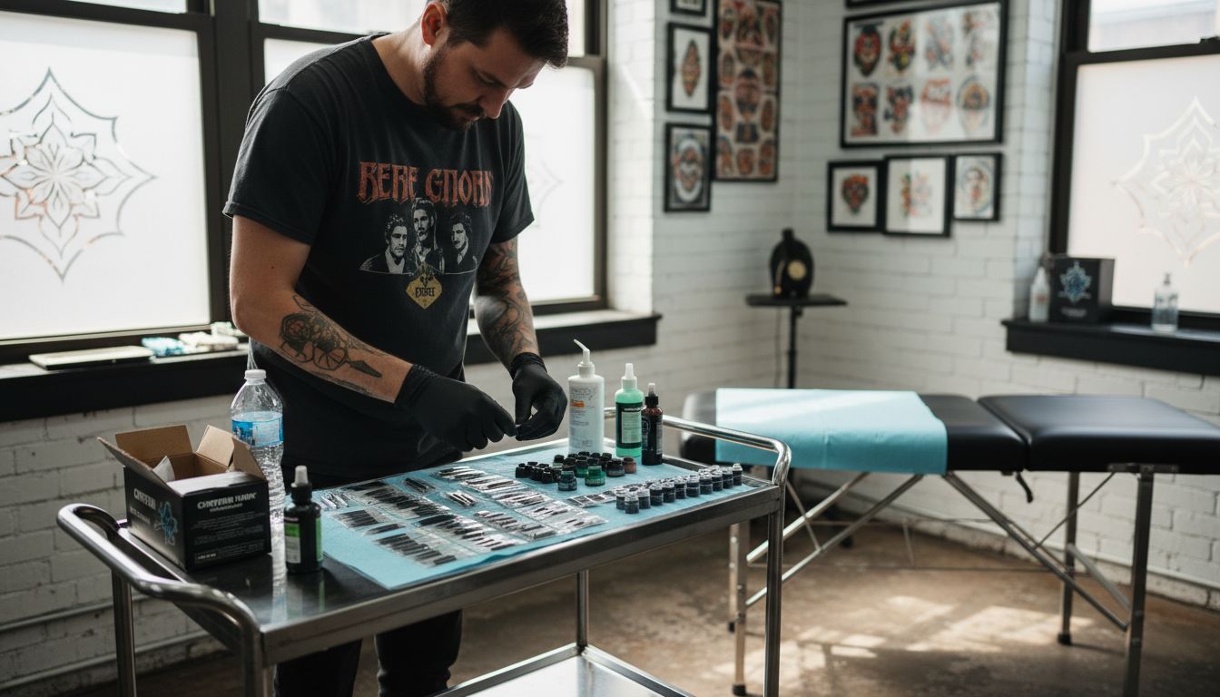 Tattoo artist preparing sterilized workspace