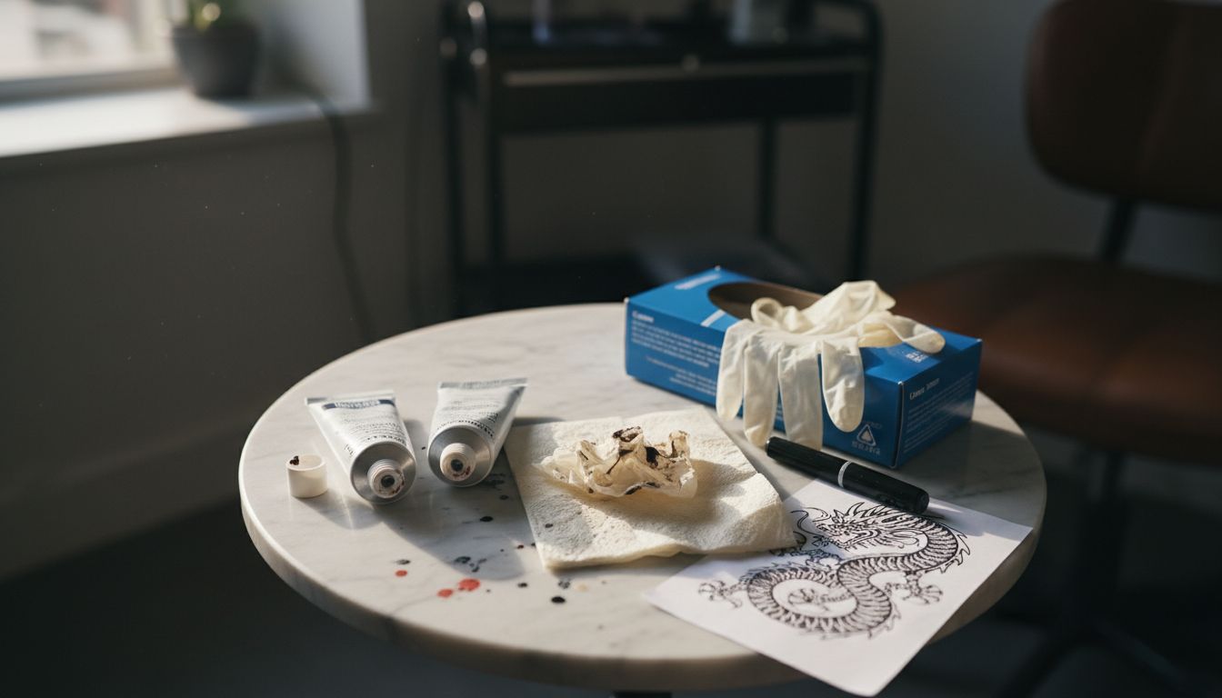 Anesthetic creams and tattoo supplies on table