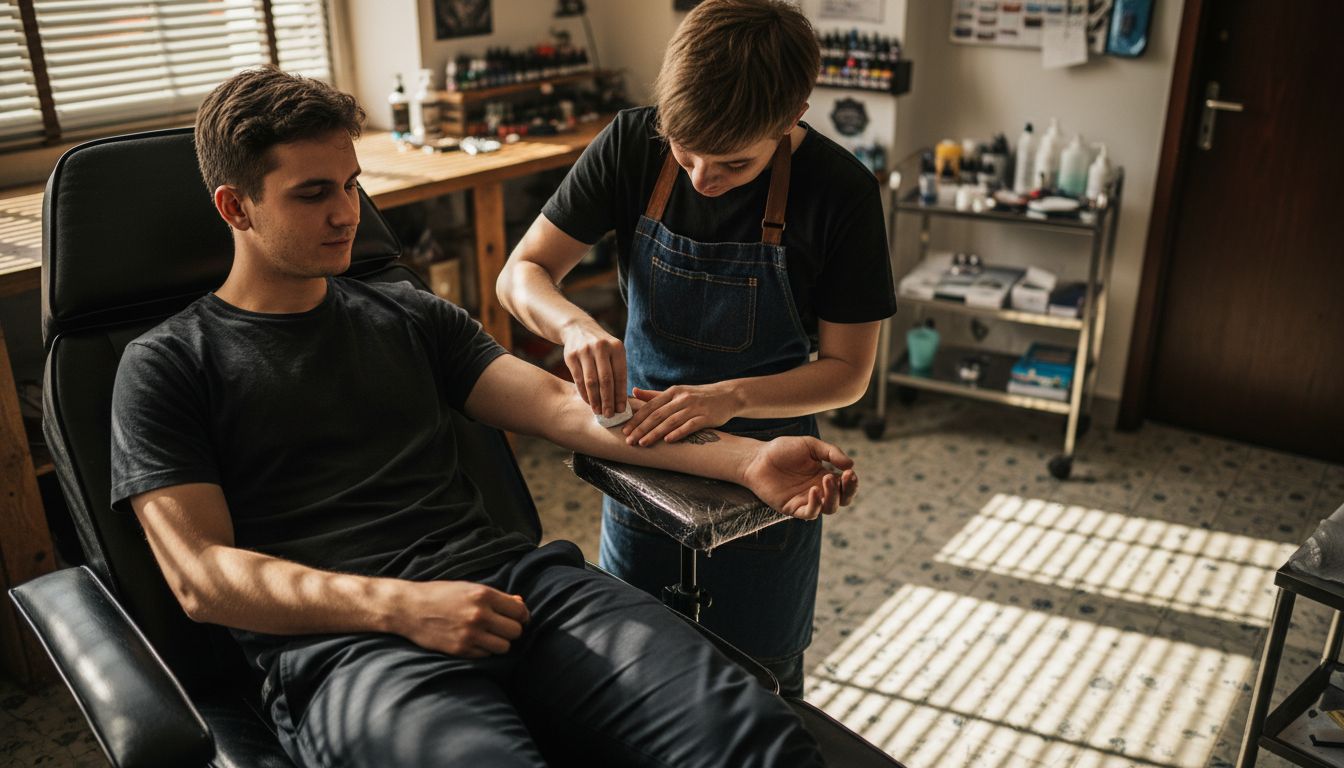 Tattoo artist applying anesthetic cream in studio
