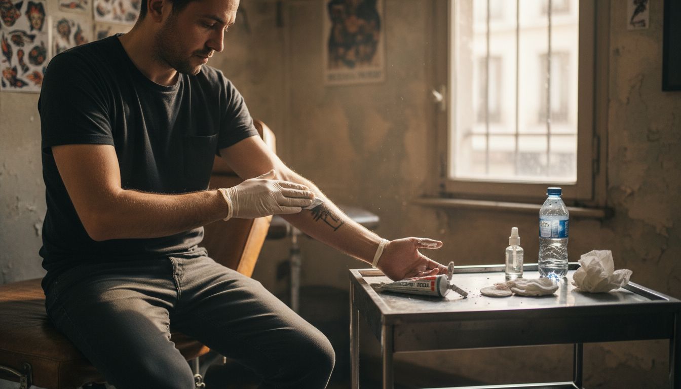 Man applying numbing cream before tattoo session