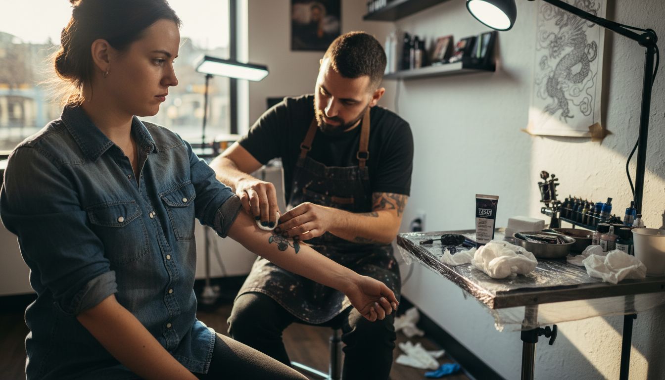 Tattoo artist preparing client with numbing cream