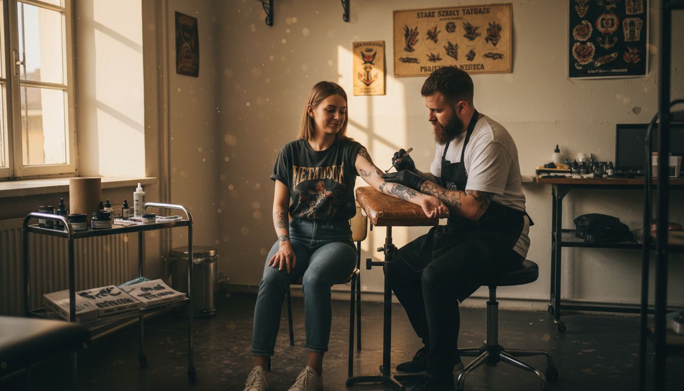 Tatuażysta nakłada krem znieczulający przed rozpoczęciem pracy w studiu.
