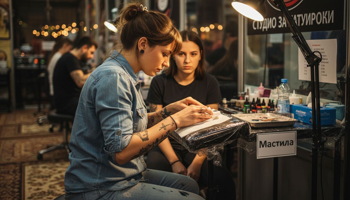 Татуистът подготвя клиента за татуировка