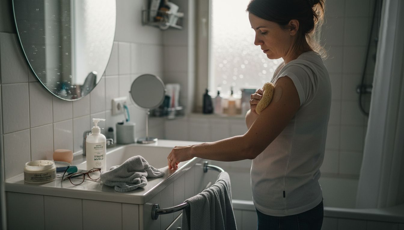 Žena si v koupelně pečlivě čistí a ošetřuje pokožku na ruce, aby byla hebká a připravená na den.