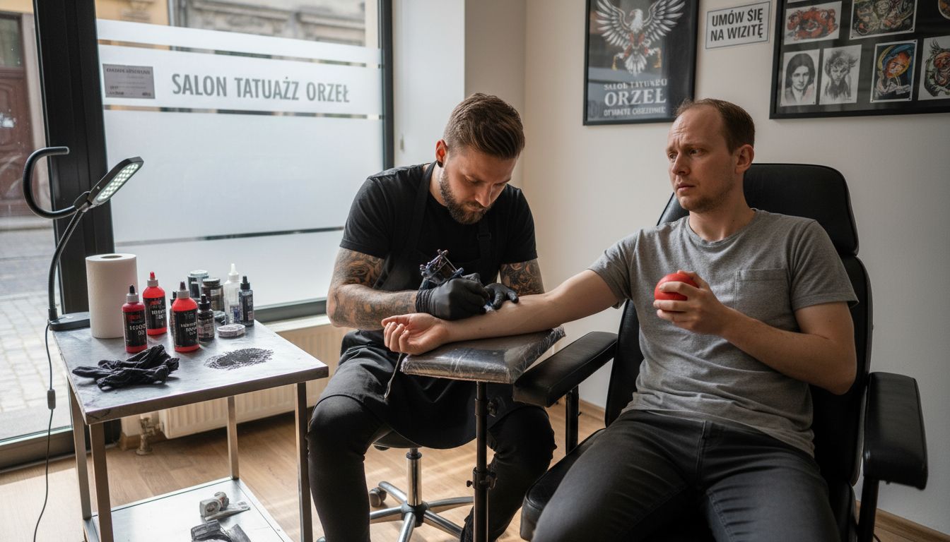 Tatuażysta pracuje nad nowym wzorem, a klient wyraźnie odczuwa ból podczas sesji.
