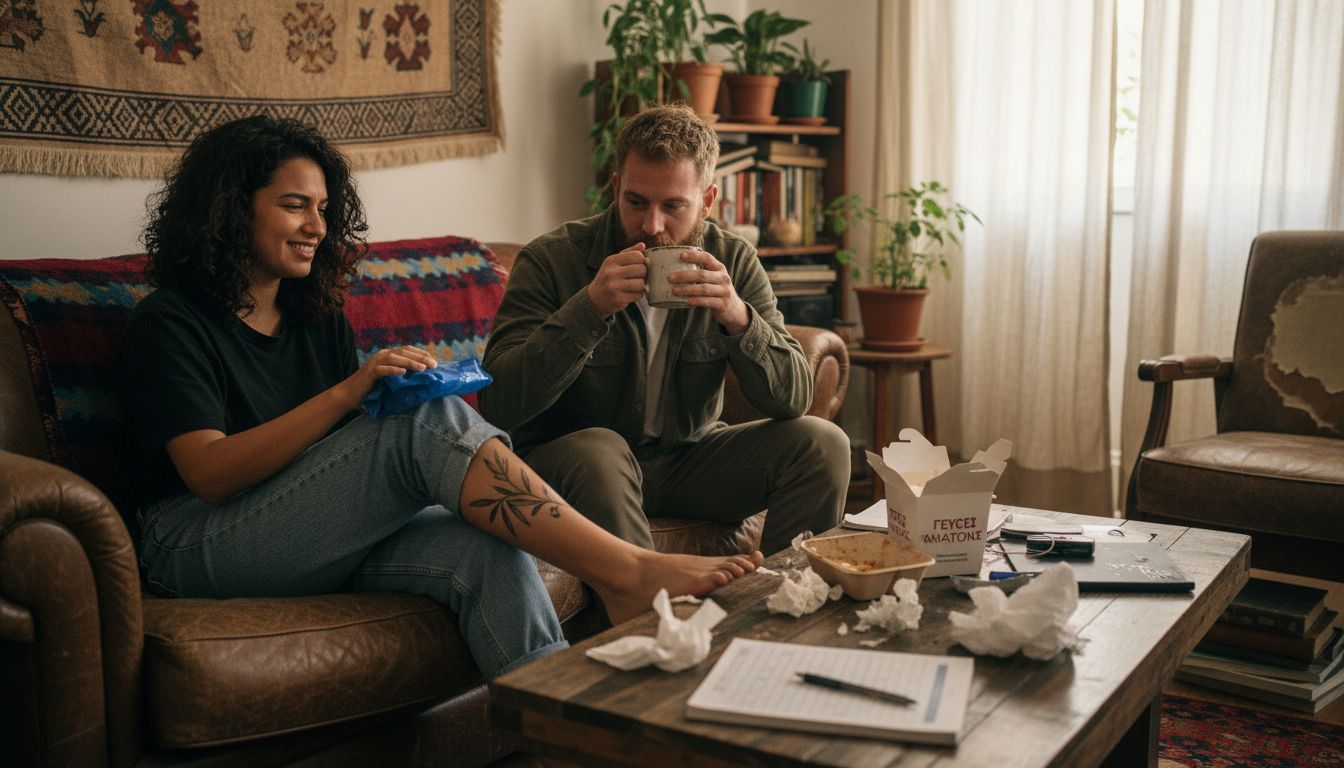 Παρέα φίλων κάθεται σπίτι και συζητάει για το πόσο πονάει να κάνεις τατουάζ, ο καθένας λέει τη δική του εμπειρία και γελάνε με τις αντιδράσεις τους.