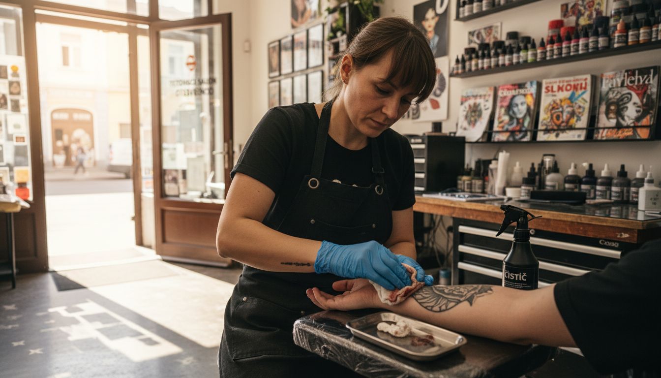 Tatér právě otírá předloktí klienta před začátkem tetování.