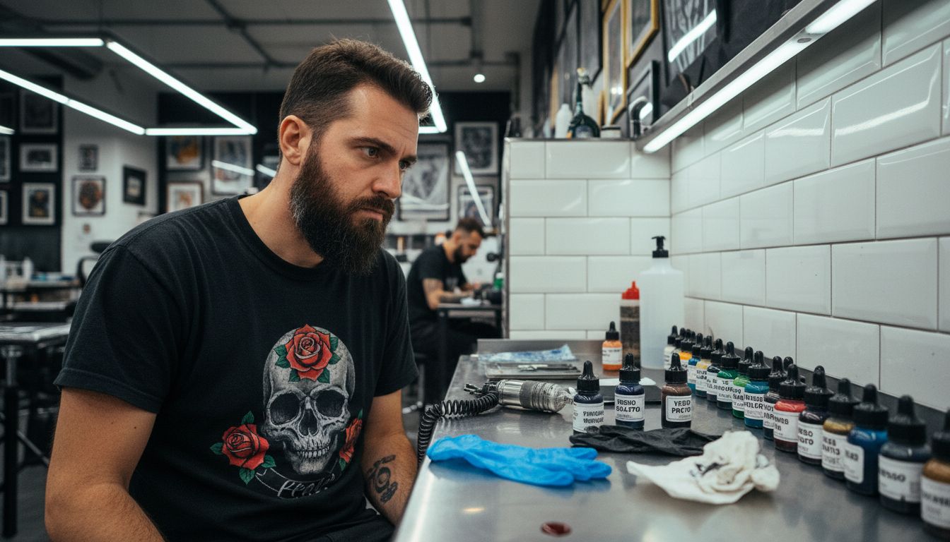 Il tatuatore valuta attentamente i pigmenti per garantirne la sicurezza durante l’applicazione sulla pelle.