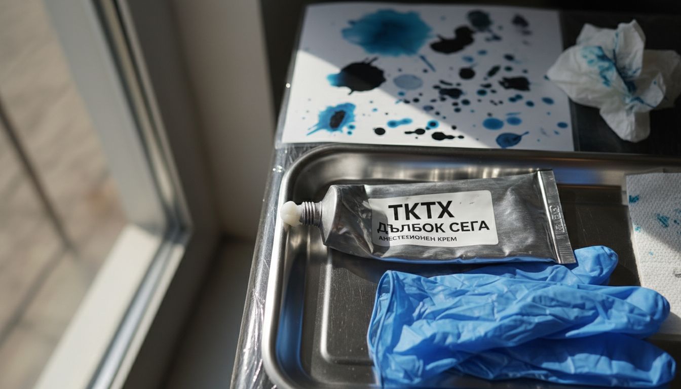 Тубичка с крем TKTX заснета отблизо върху поднос