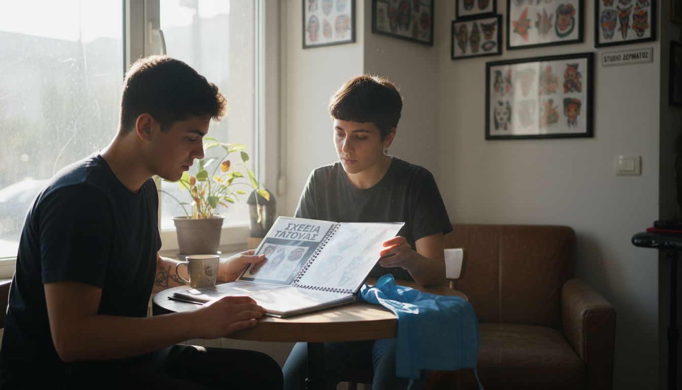 Ο τατουατζής δείχνει δείγματα της δουλειάς του στον πελάτη για να του δώσει μια ιδέα για το στυλ και τις δυνατότητές του.