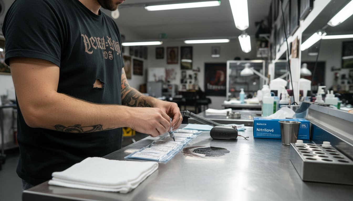 Tatér si chystá sterilní jehly před začátkem tetování.