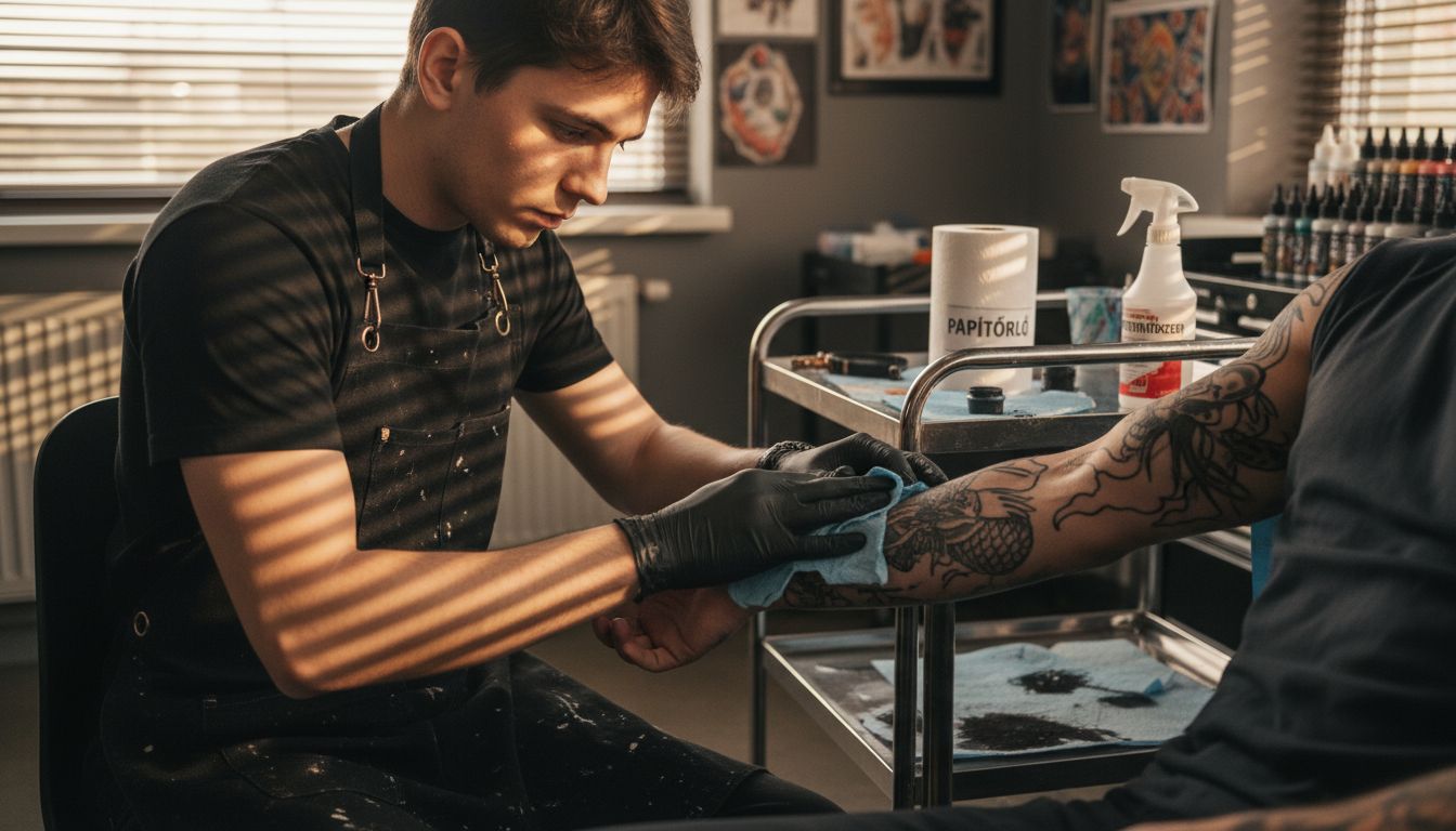 A tetoválóművész gumikesztyűben tisztítja le a vendég karját a munka megkezdése előtt.