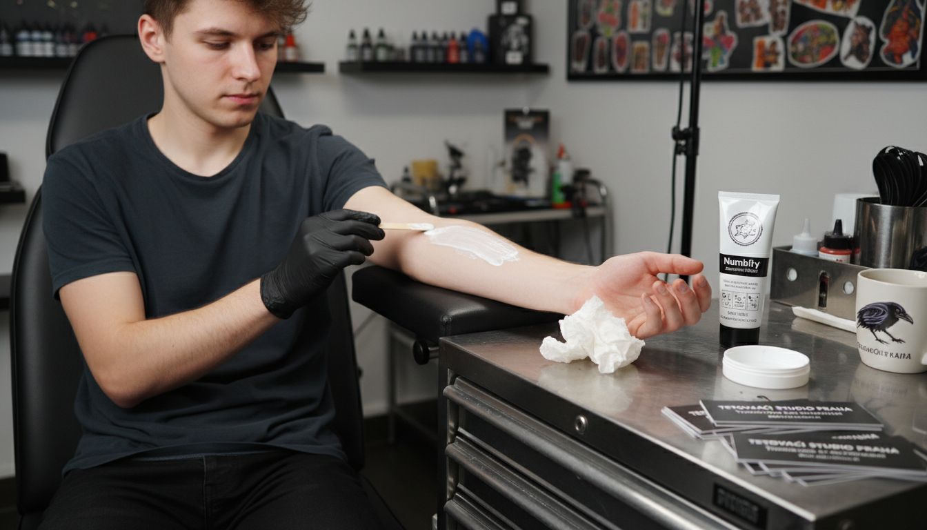 Zákazník si nechává před tetováním aplikovat znecitlivující krém.