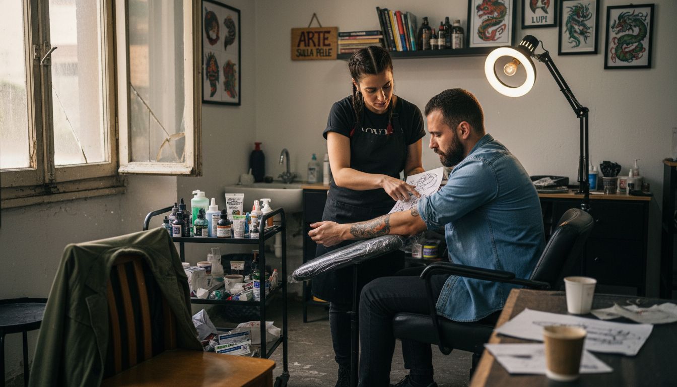 Il tatuatore aiuta il cliente a scegliere il punto migliore dove realizzare il tatuaggio.