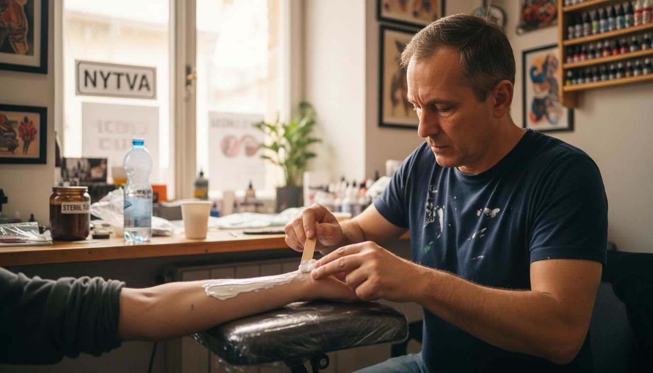 A tetoválómester érzéstelenítő krémet ken fel a bőrre, hogy a tetoválás kevésbé legyen fájdalmas.