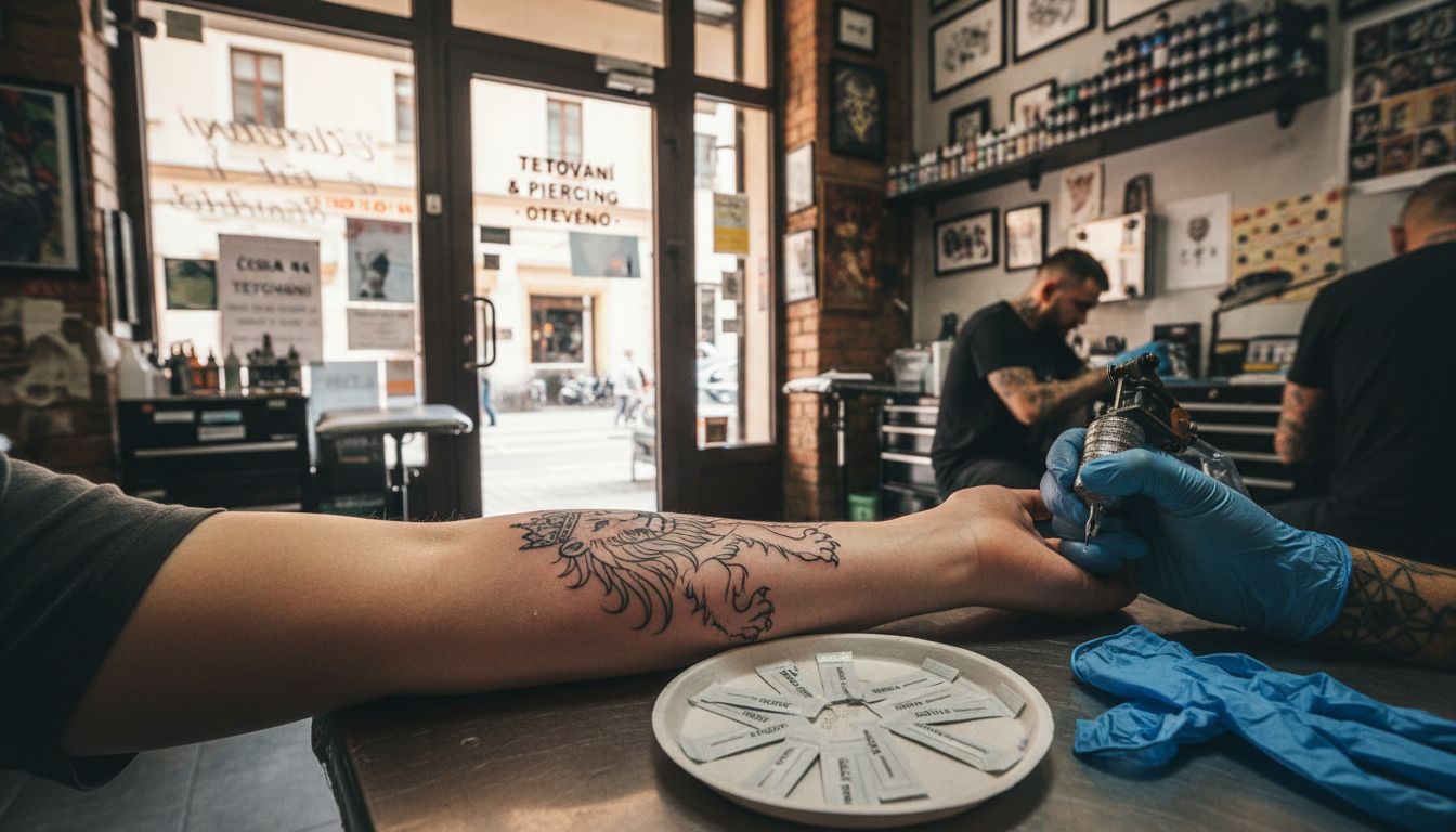 Detailní záběr na ruku při tetování, kůže je kolem motivu zarudlá.