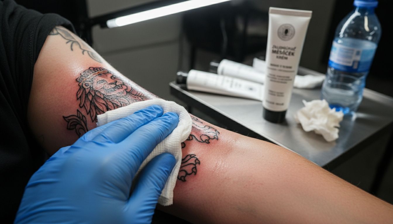 Detailní pohled na hojící se tetování překryté gázou