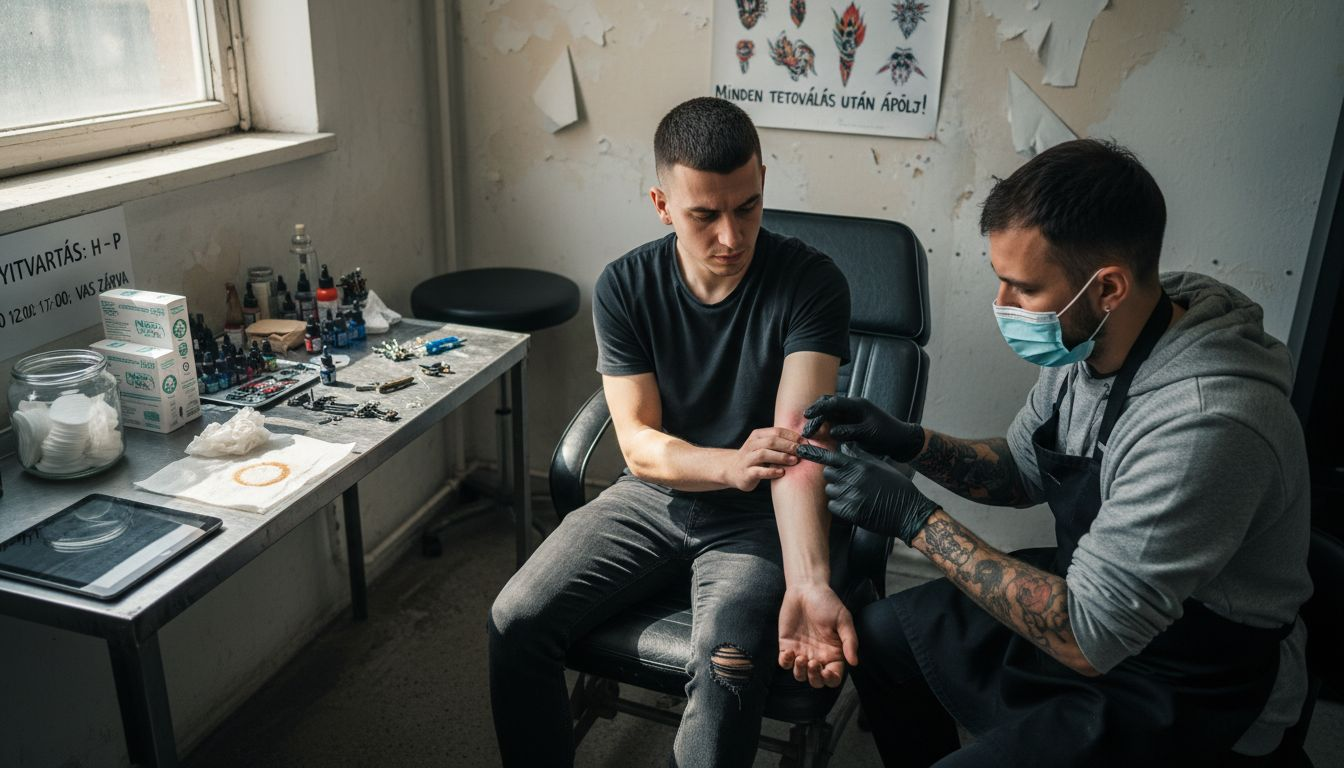 A tetoválásra érkezett vendég megmutatja a tetoválóművésznek, hogy kipirosodott, irritált a bőre.
