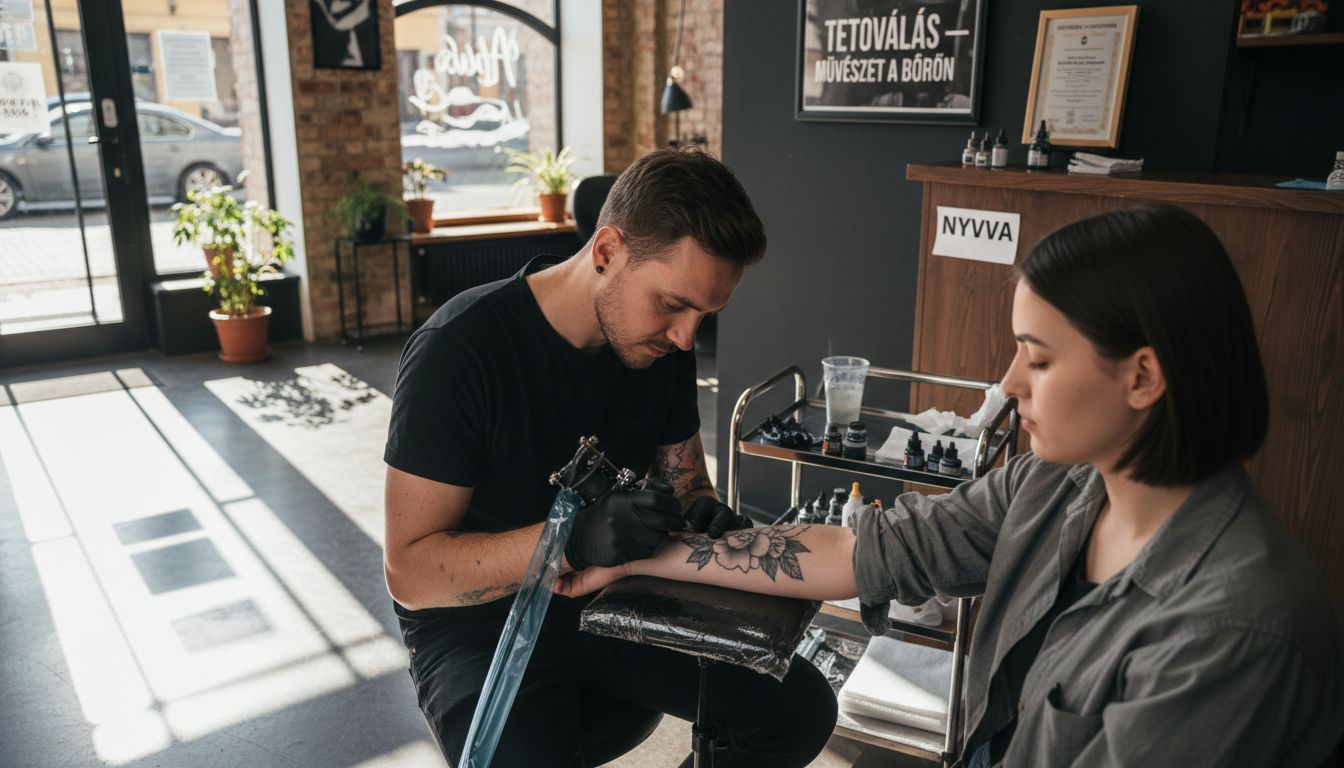 Egy tetoválóművész napfényes stúdióban dolgozik vendégén.