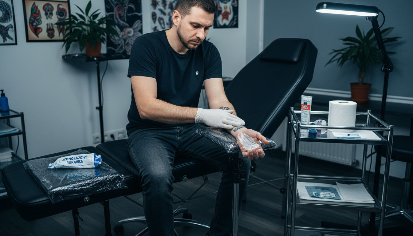 Osoba nanáší anestetický krém pomocí rukavic.