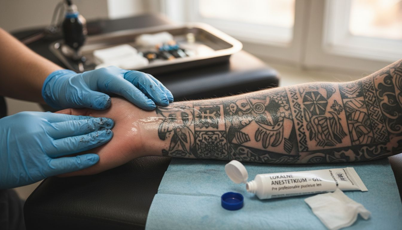 Detailný záber na nanášanie anestetického gélu priamo na miesto tetovania.