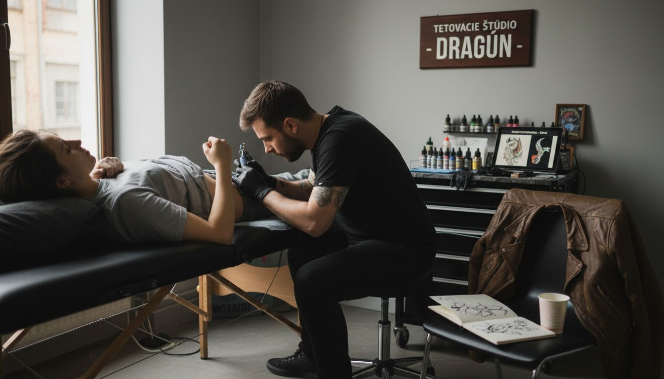 Zákazník, ktorému tetujú rebrá, vyzerá, že to celkom bolí a necíti sa práve najpohodlnejšie.