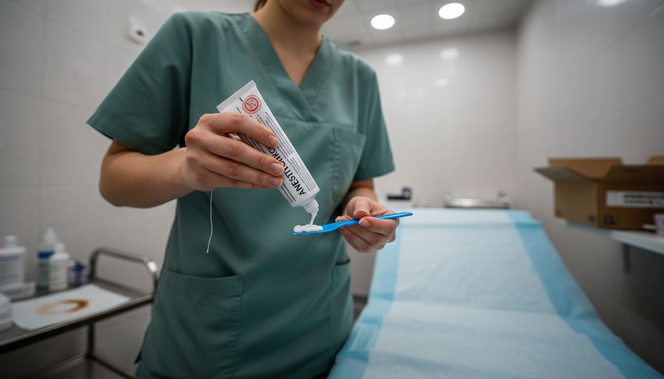 Sestra si pripravuje anestetický krém na nanesenie