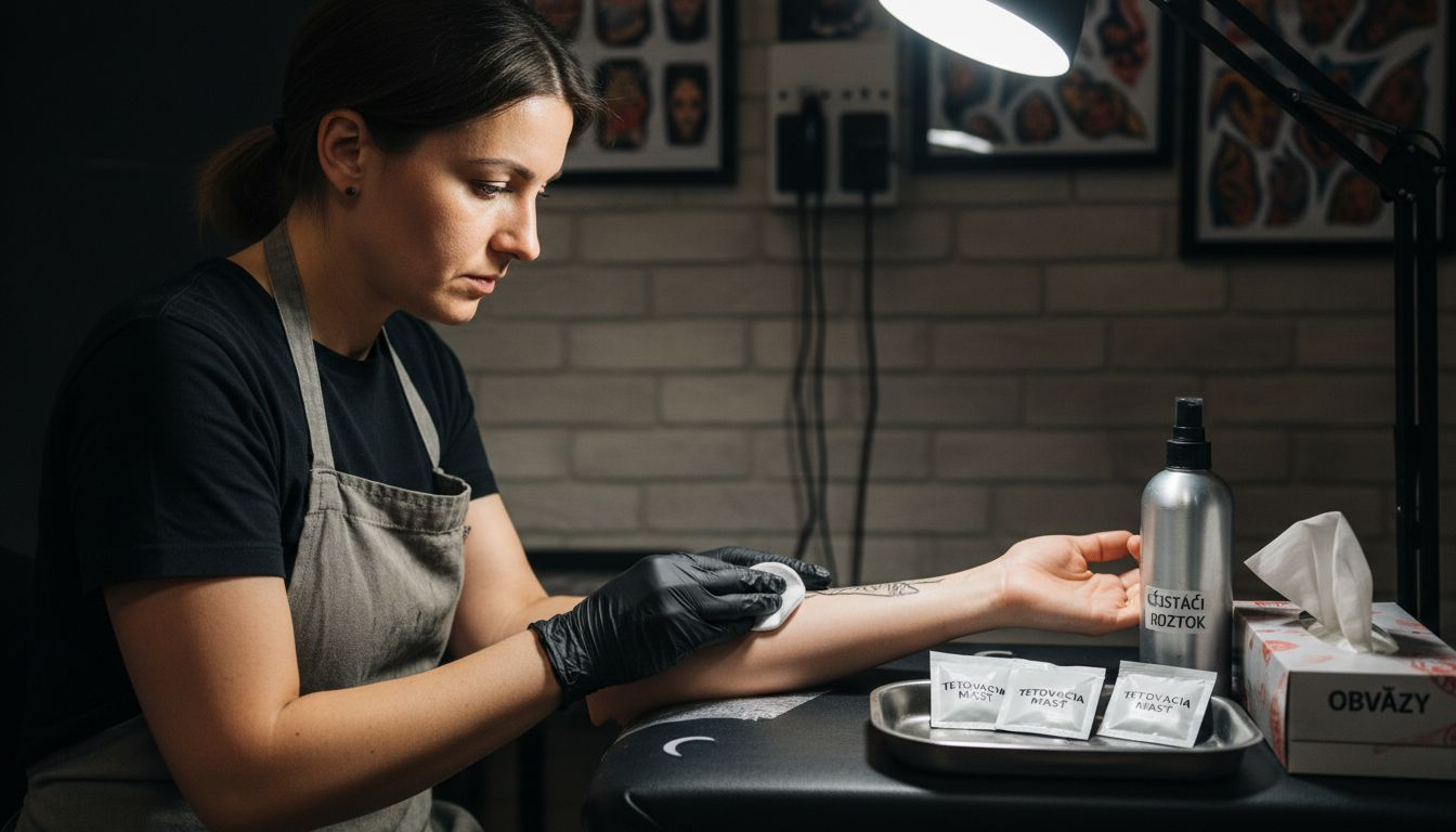 Tatér čistí predlaktie svojho zákazníka pred tetovaním.