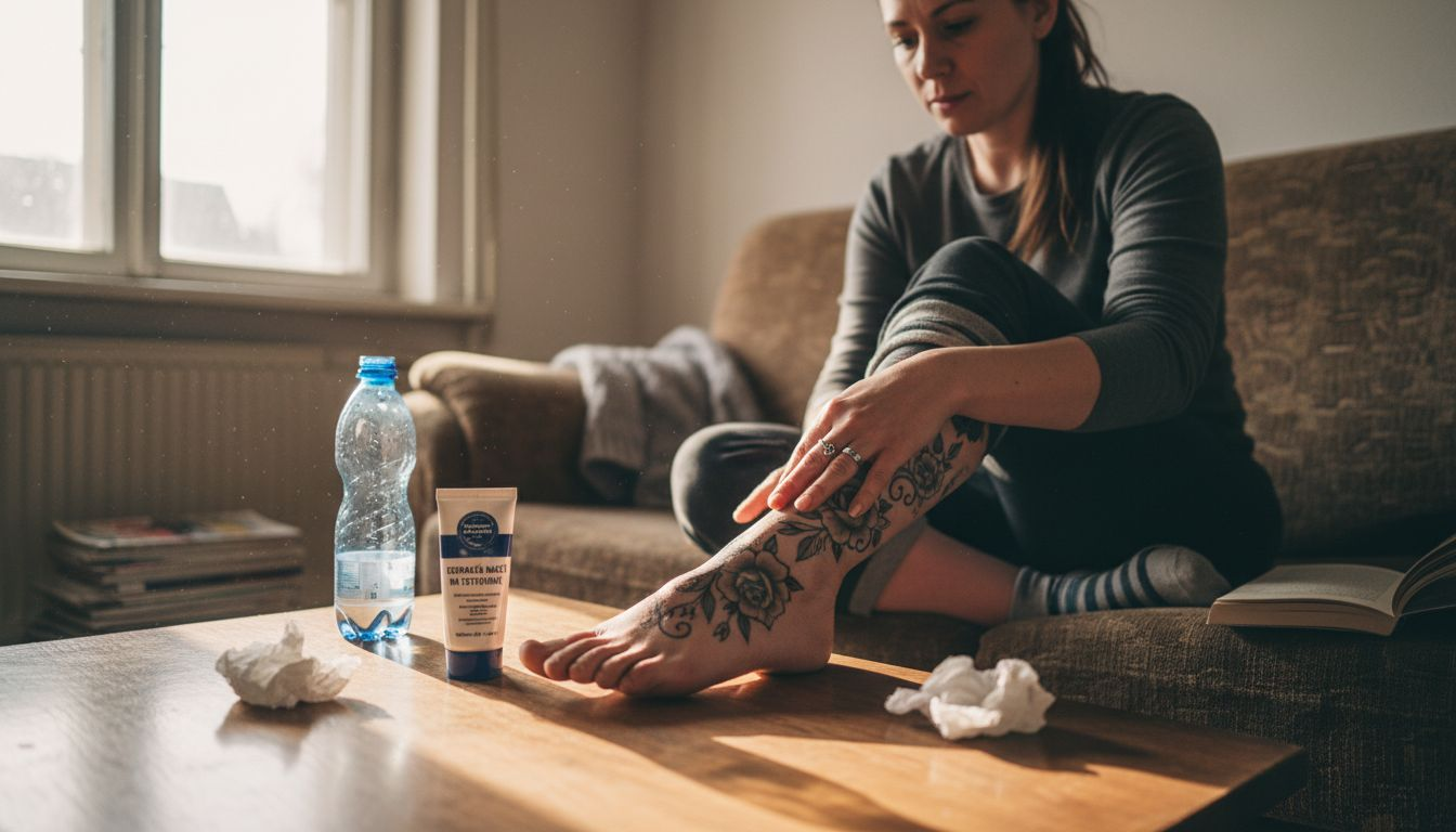 Žena si prezerá opuchnutý členok, na ktorom má tetovanie.