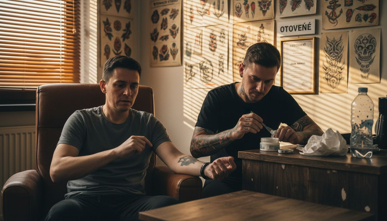 Zákazník sa pripravuje na aplikáciu znecitlivujúceho krému pred tetovaním.