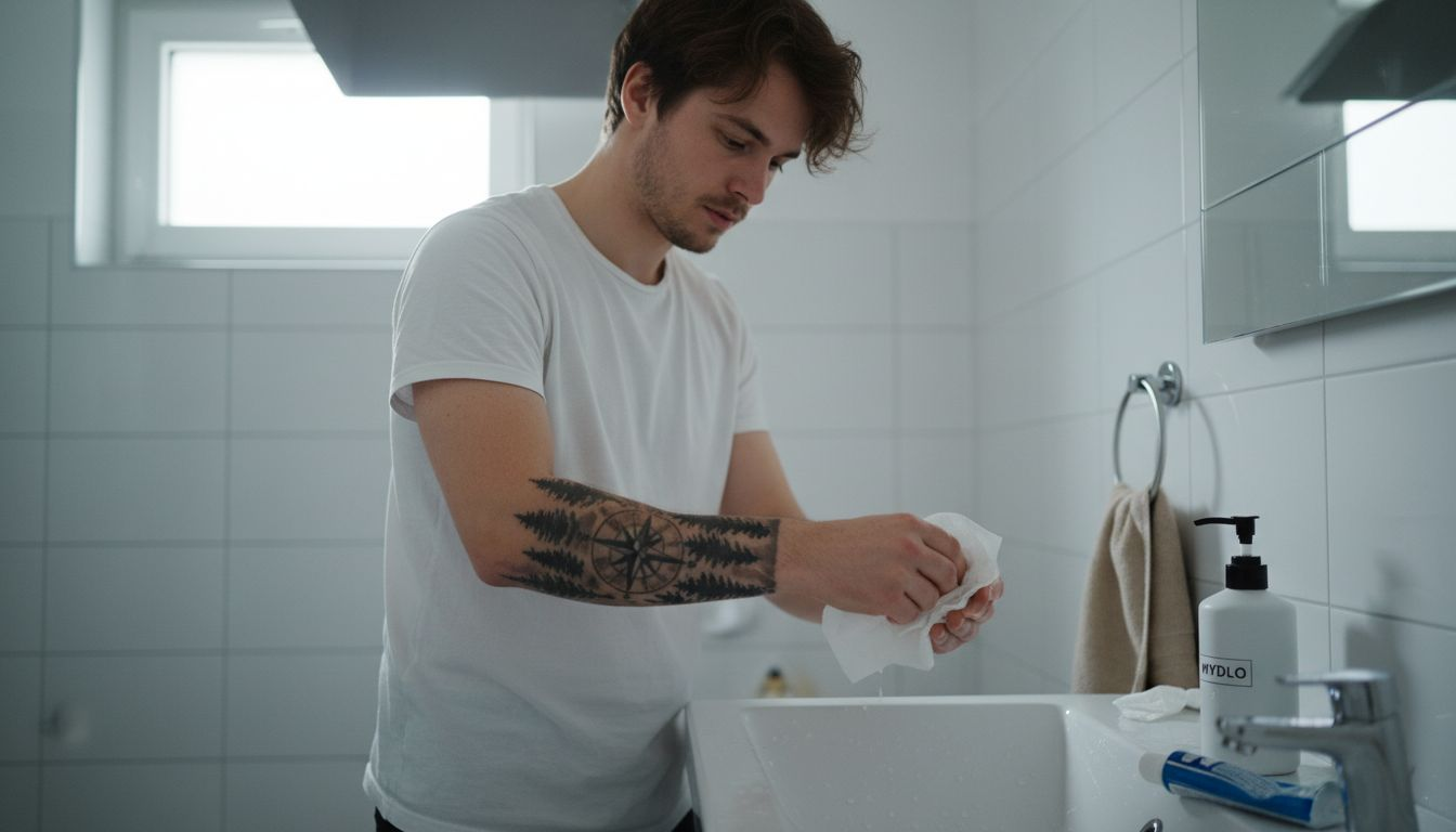 Muž si pri umývadle v kúpeľni opatrne suší čerstvú tetovačku.