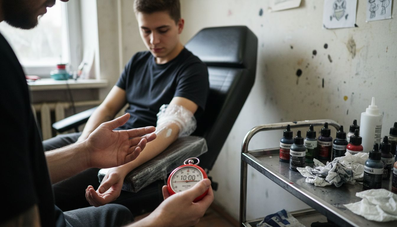 Zákazník čaká na tetovanie so znecitlivujúcim krémom naneseným pod fóliou.