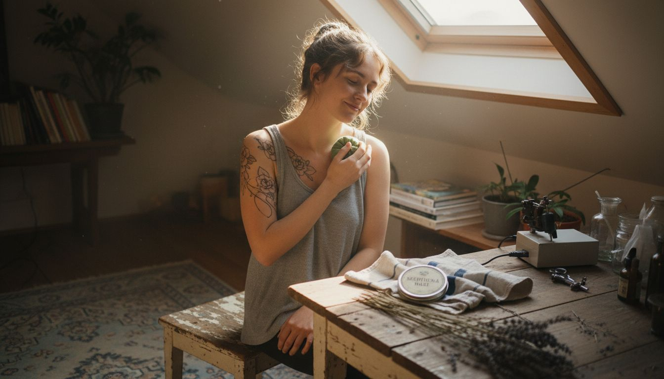 Žena si upokojuje pokožku po tetovaní bylinkovým obkladom.