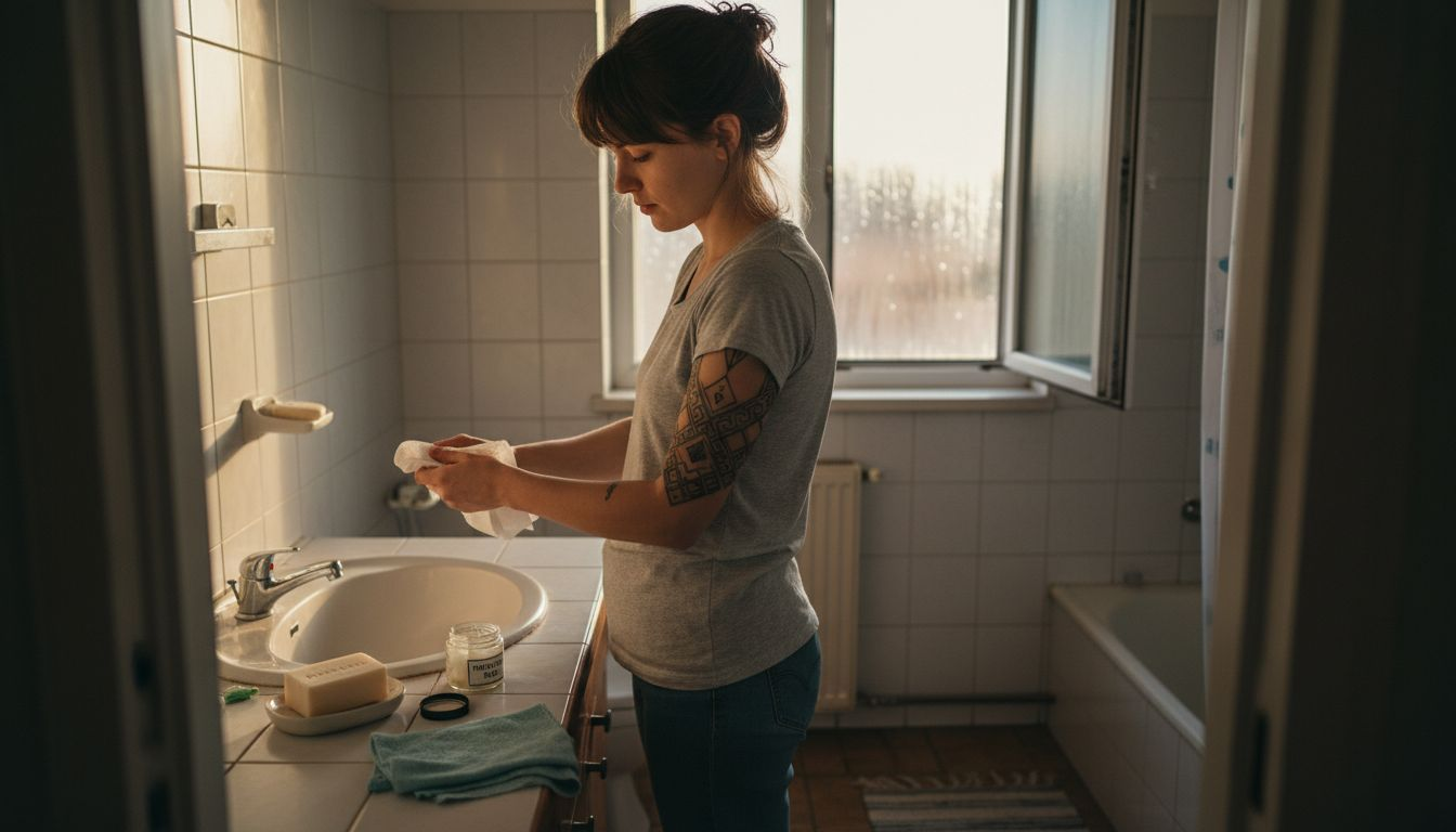 Žena si doma v koupelně opatrně osušuje čerstvé tetování.