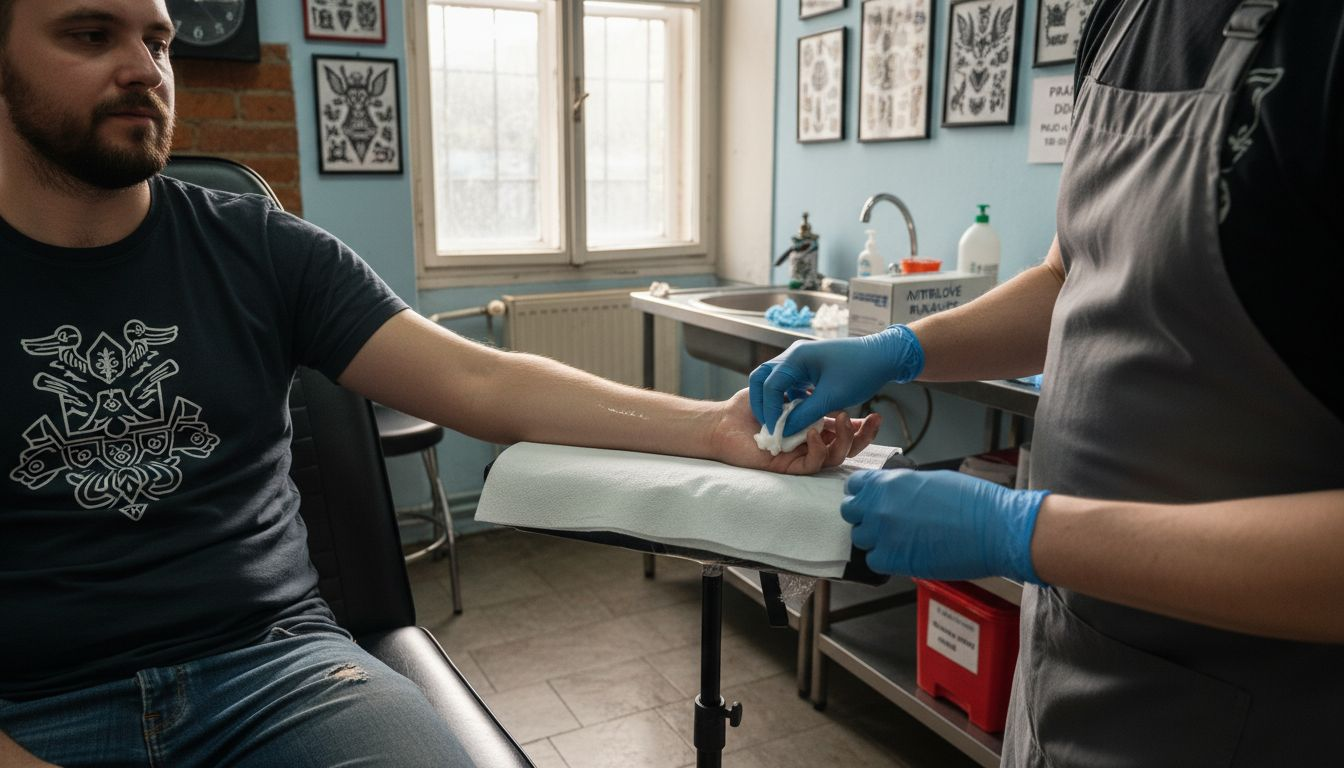 Tatér právě dezinfikuje klientovi ruku, aby mohl začít s tetováním.