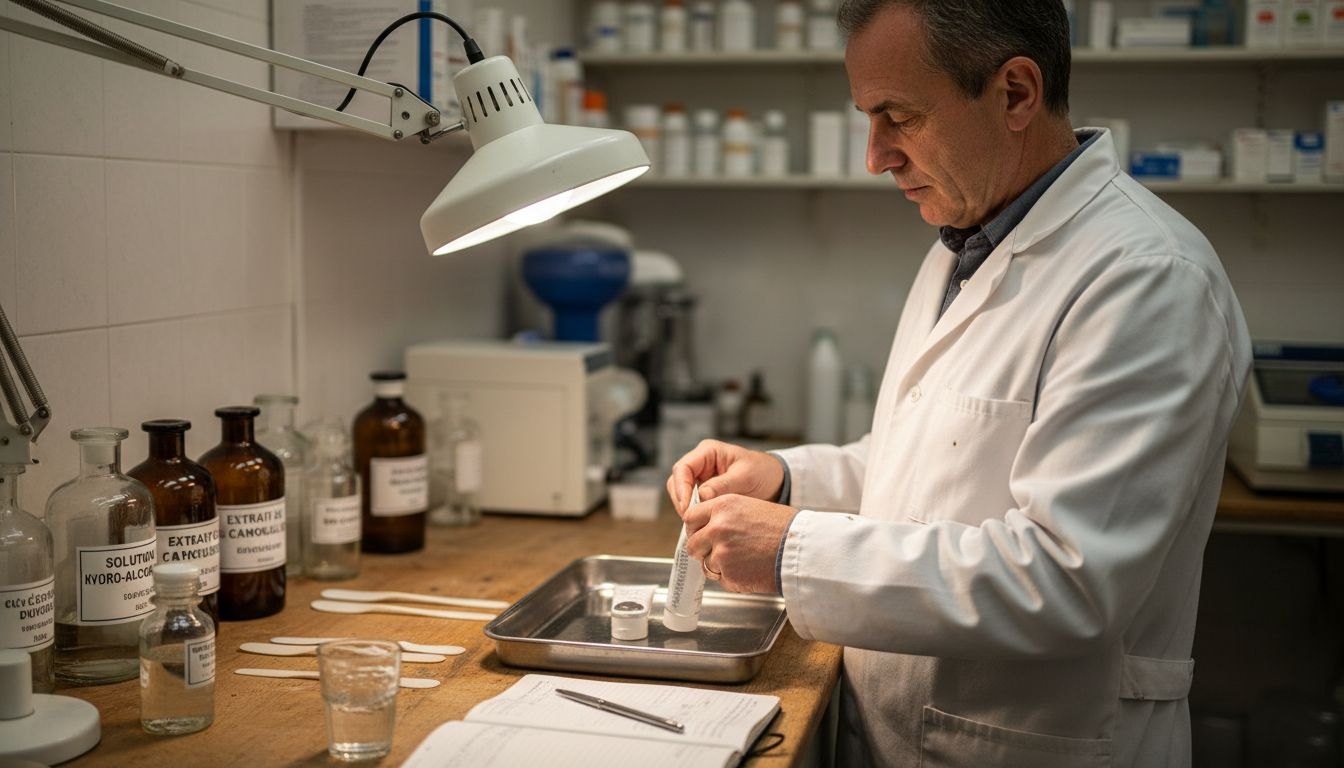 Un pharmacien examine attentivement deux tubes de crème afin de comparer leurs caractéristiques.