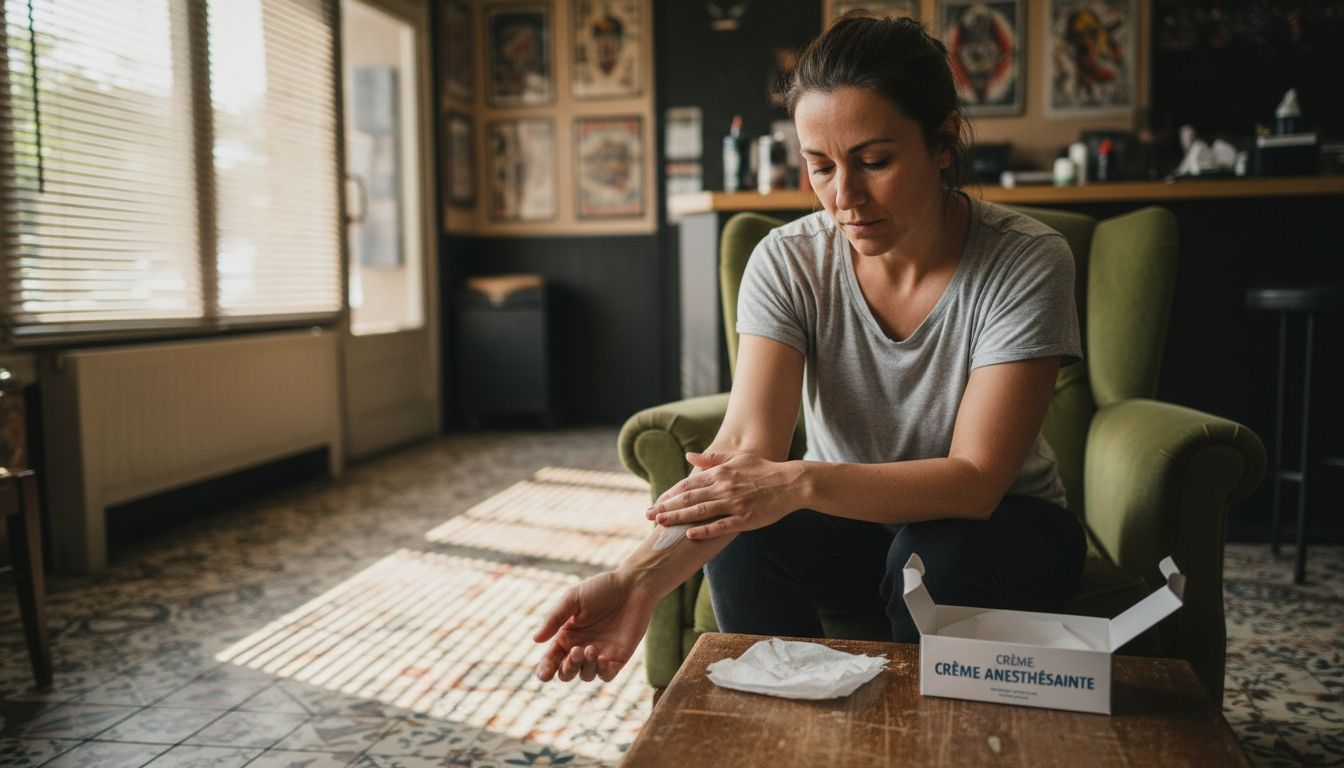 Une femme applique une crème anesthésiante sur sa peau avant de se faire tatouer.