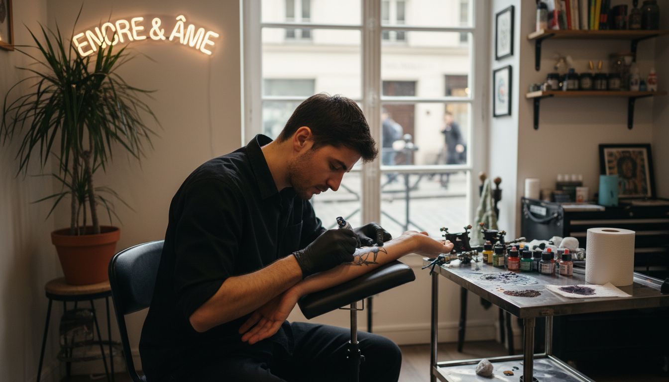 Le tatoueur applique une crème anesthésiante sur le bras du client avant de commencer la séance.