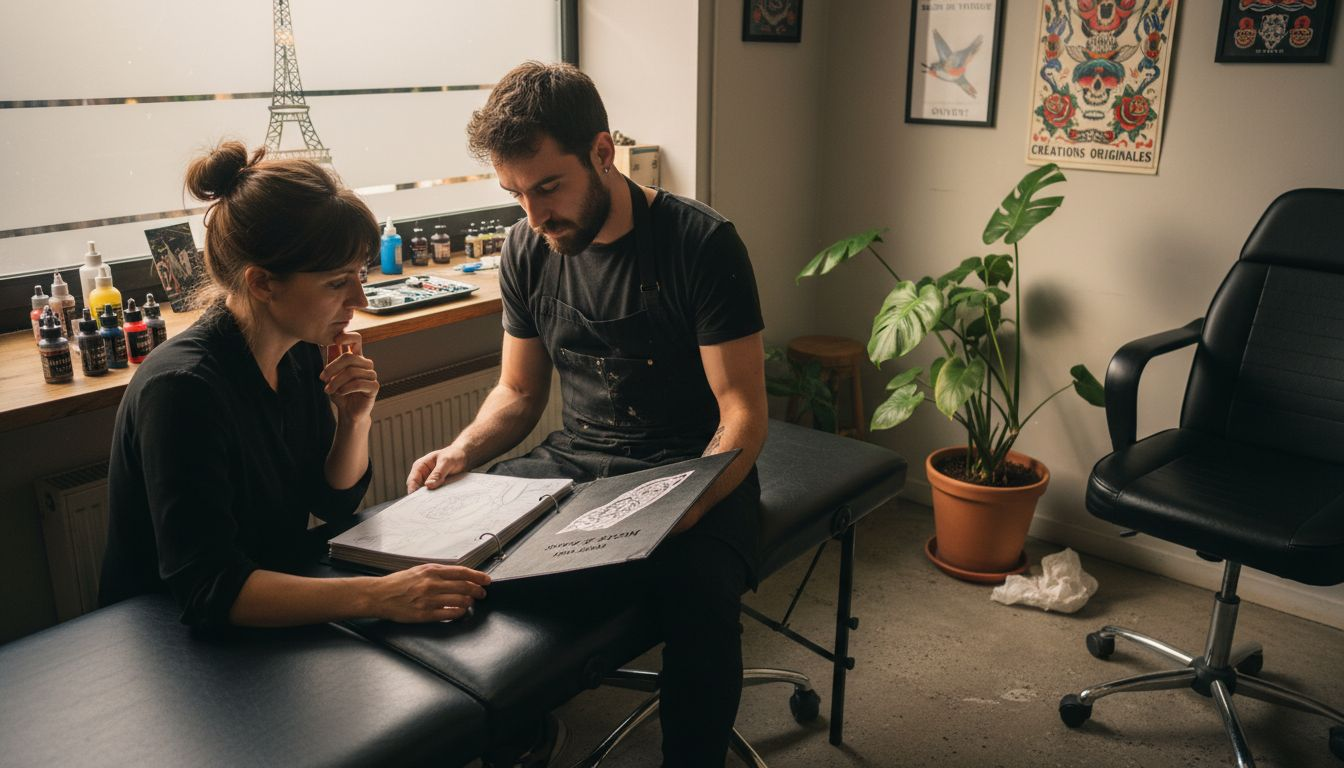 Un tatoueur échange avec son client pour discuter du futur motif dans son salon.