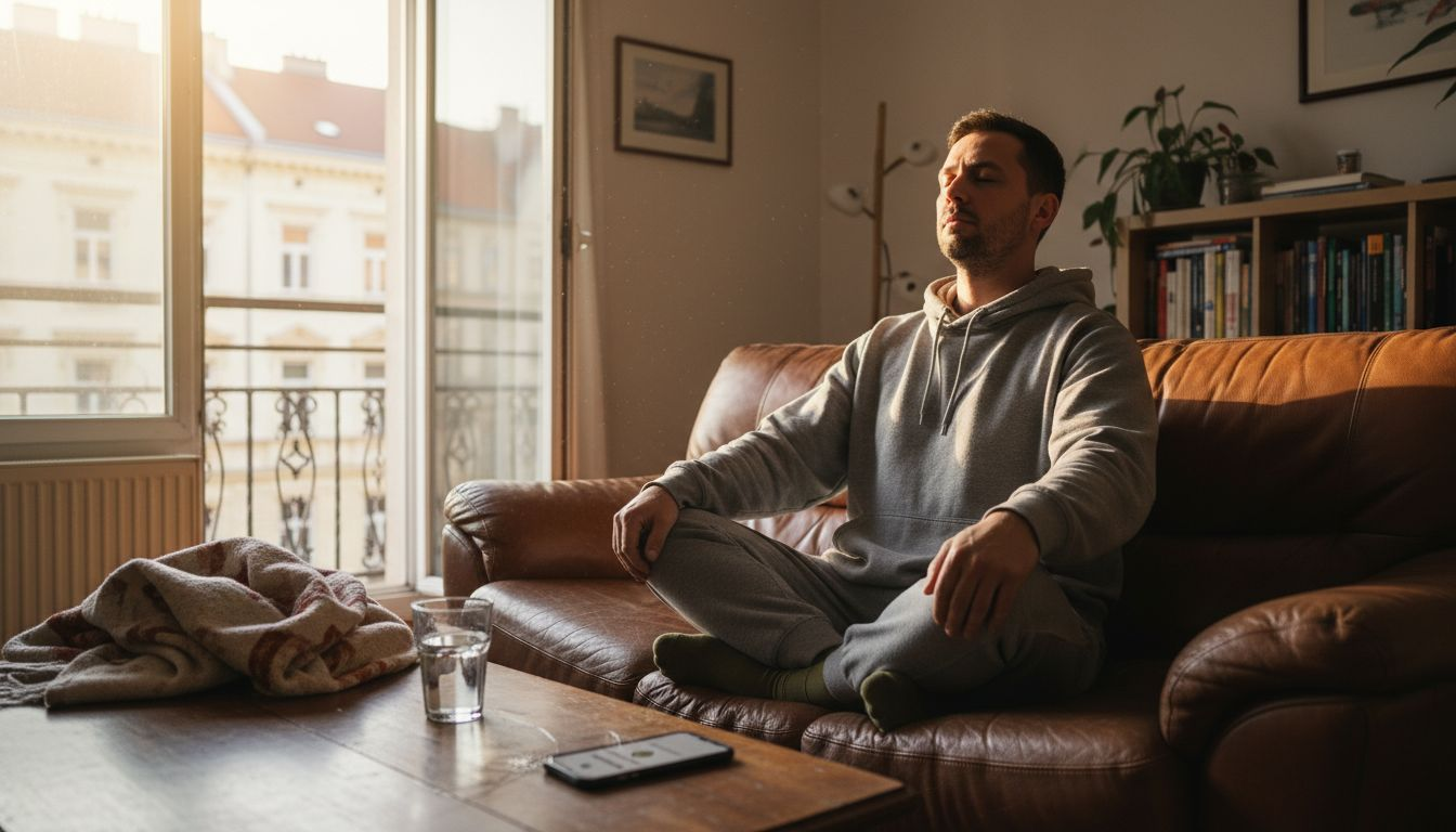 Muž se před tetováním snaží uklidnit a najít si chvilku na relaxaci.