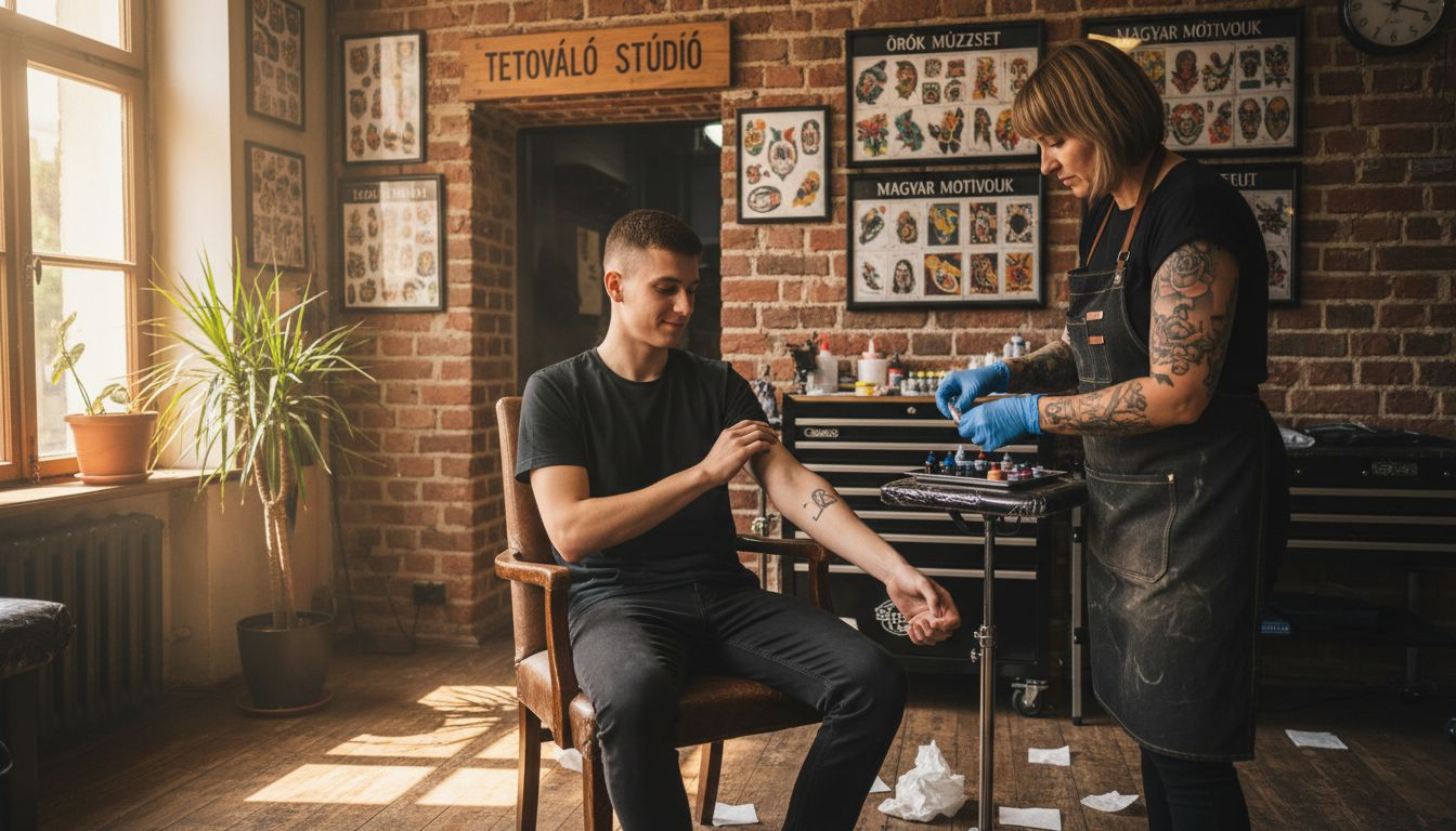 A vendég és a tetoválóművész közösen készülnek a tetoválásra a stúdióban.