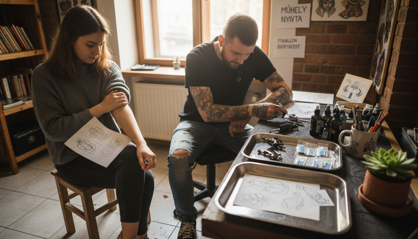 Egy fiatal nő a tetoválószalonban mutatja meg az elképzeléseit a művésznek.